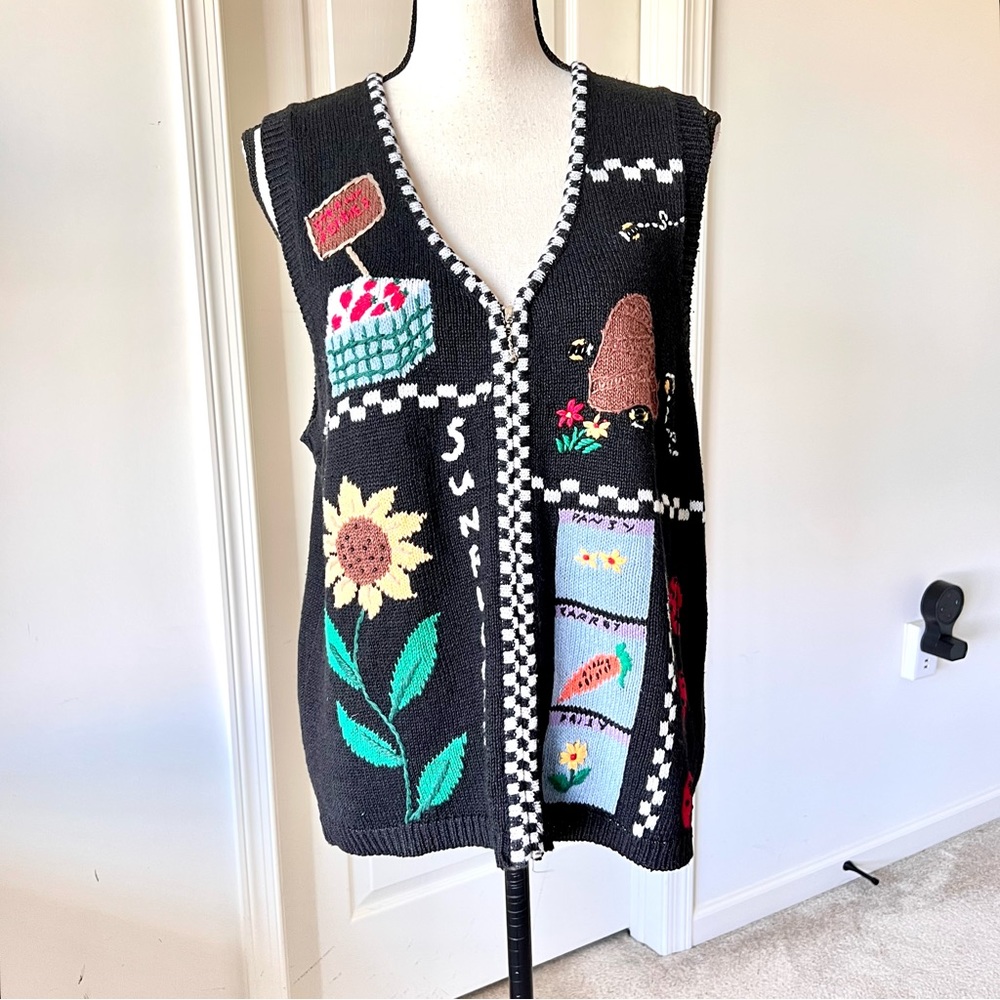 Vintage CAPACITY Petite Gardening Sunflower Zip Up Cardigan Sweater Vest—SZ. PL